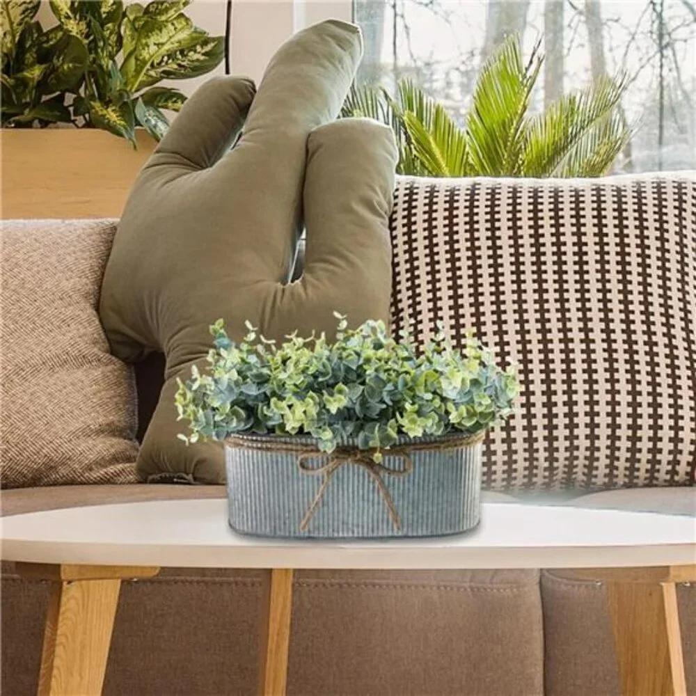 Artificial eucalyptus arrangement rustic galvanized planter farmhouse table deco